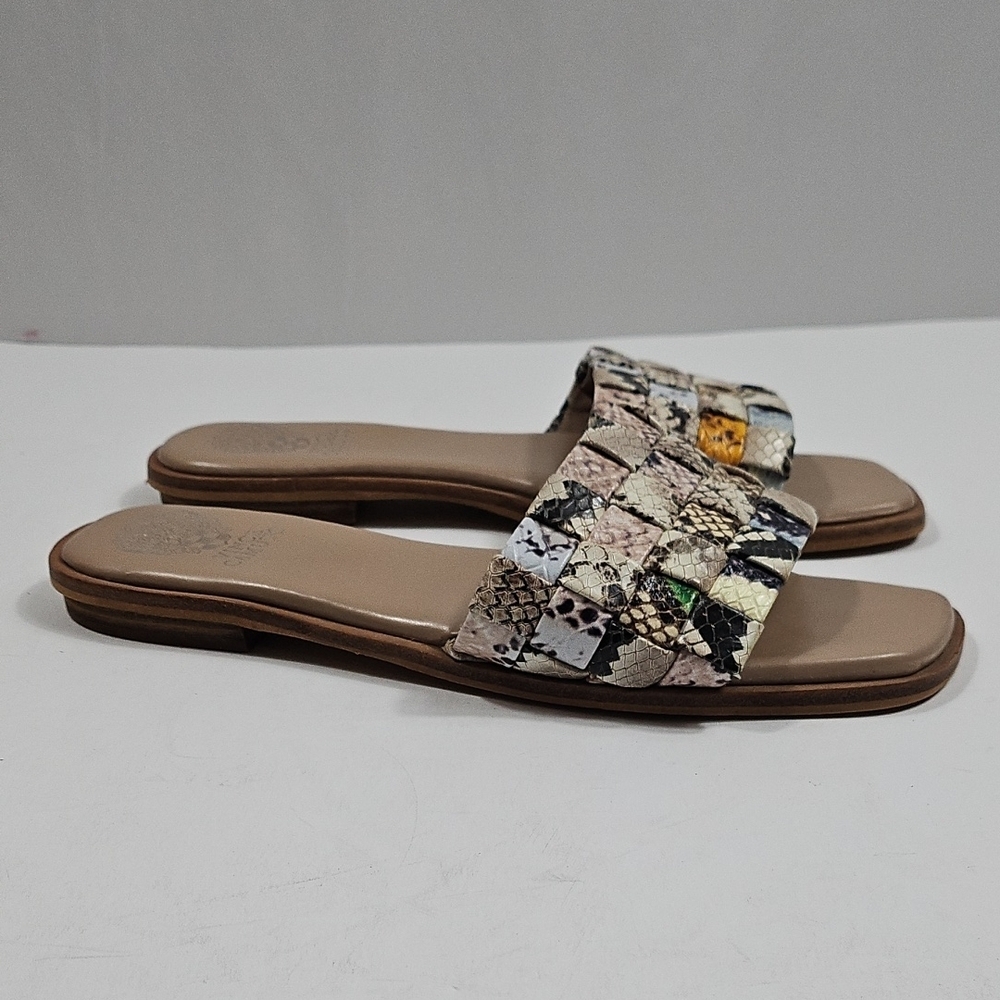 Vince Camuto Nanchia Leather Snake Multi-Color Woven Slip On Flat Slide Sandal - Picture 3 of 14